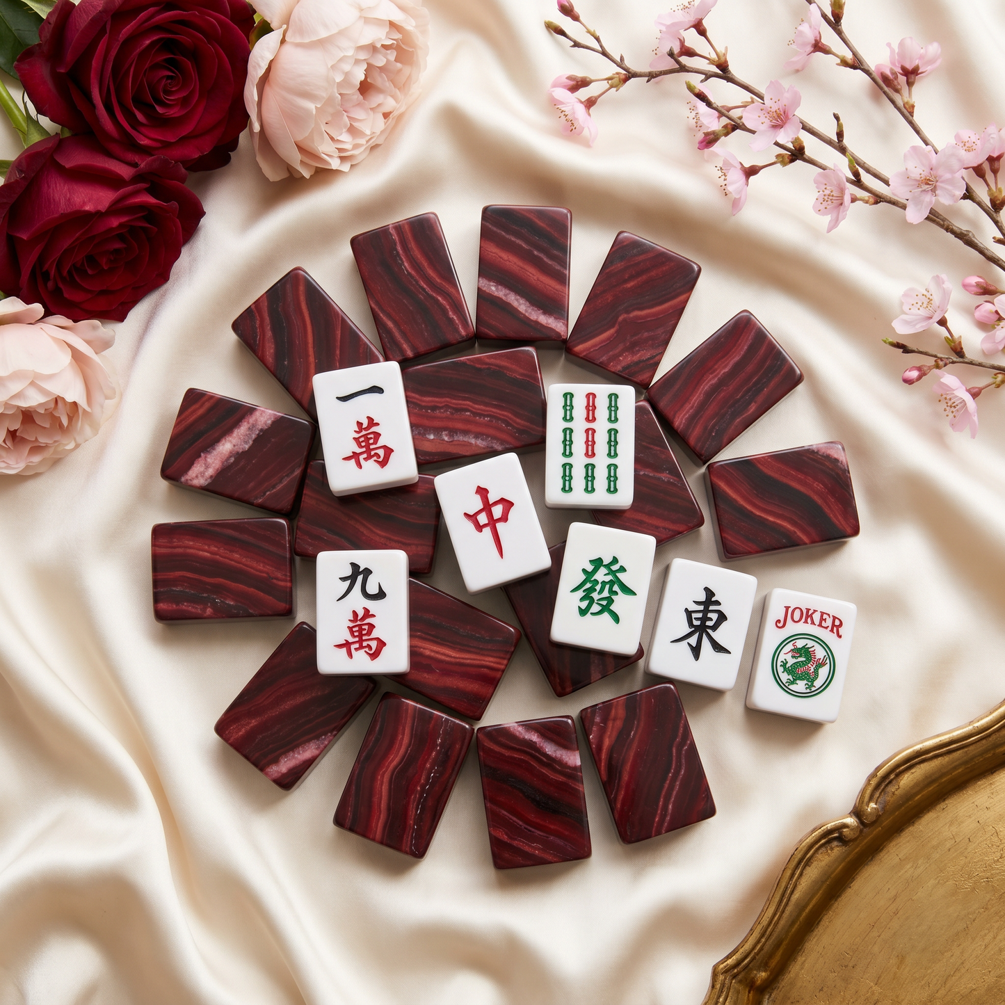 Burgundy Wine Marble Mahjong Tile Set | 166 Piece Romantic Valentine's Gift