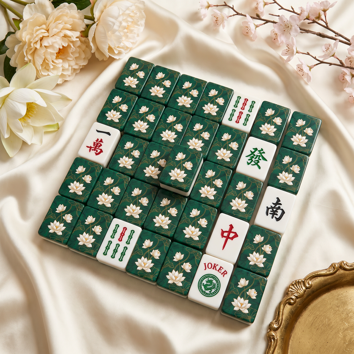 White Lotus Emerald Mahjong Tile Set | 166 Piece Zen Chinoiserie Mahjong
