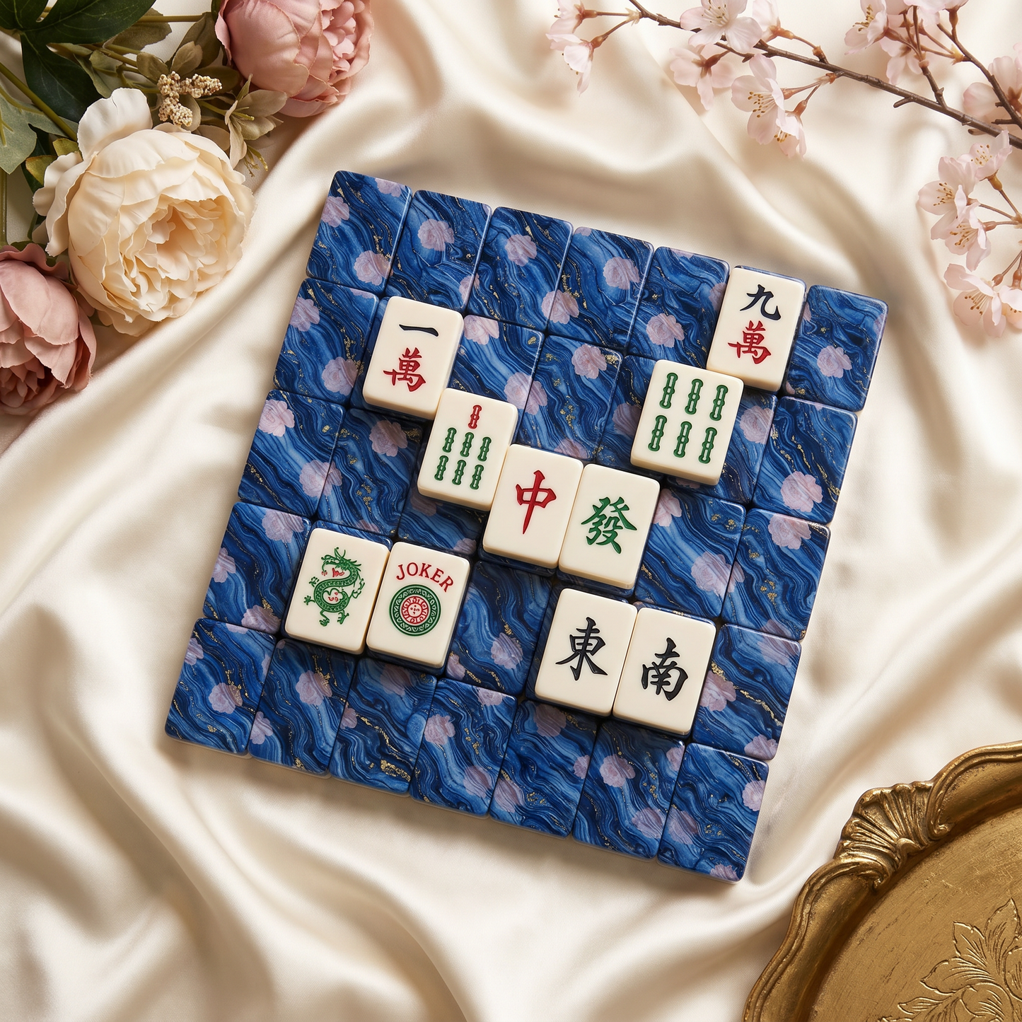 Sapphire Blossom Mahjong Tile Set | 166 Piece Navy Cherry Blossom Bridal Mahjong