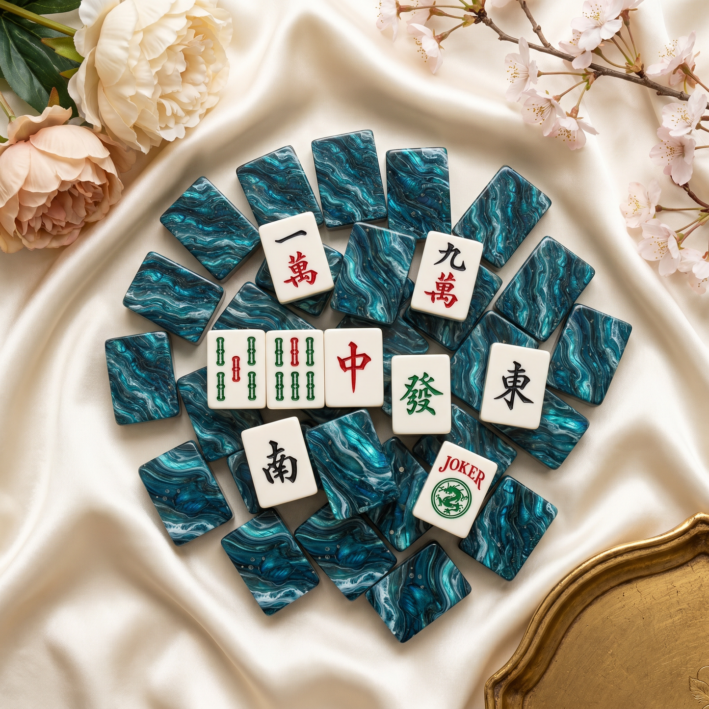 Labradorite Ocean Mahjong Tile Set | 166 Piece Teal Iridescent Coastal Mahjong