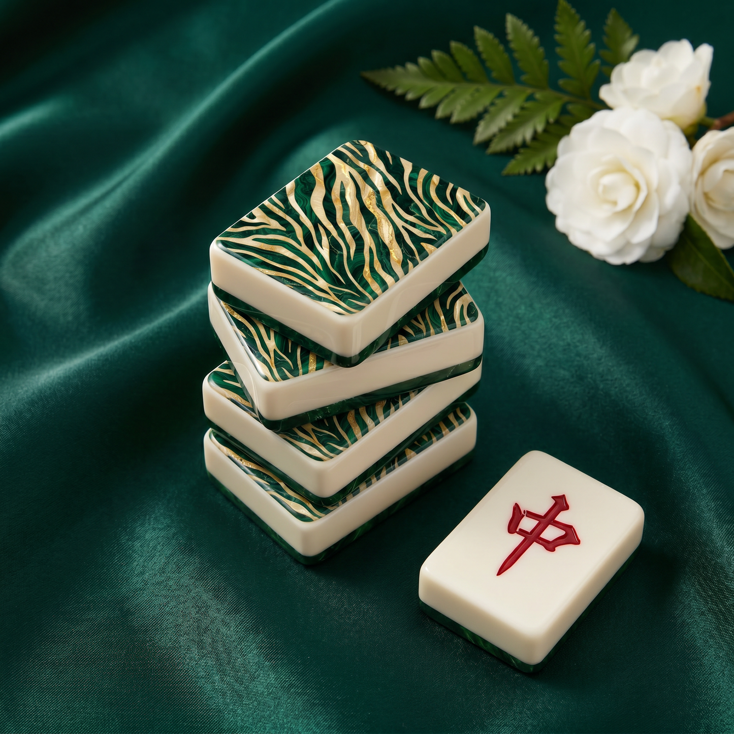 Emerald Tiger Marble Mahjong Tile Set | 166 Piece American Mahjong with Cream Leather Case