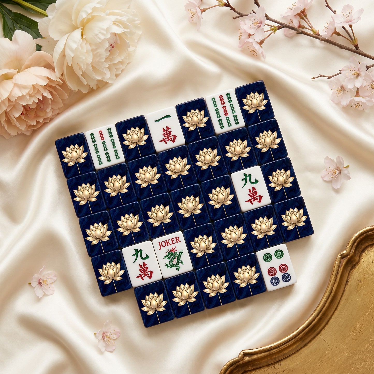 Gold Lotus Mahjong Tile Set | 166 Piece Navy Luxury American Mahjong