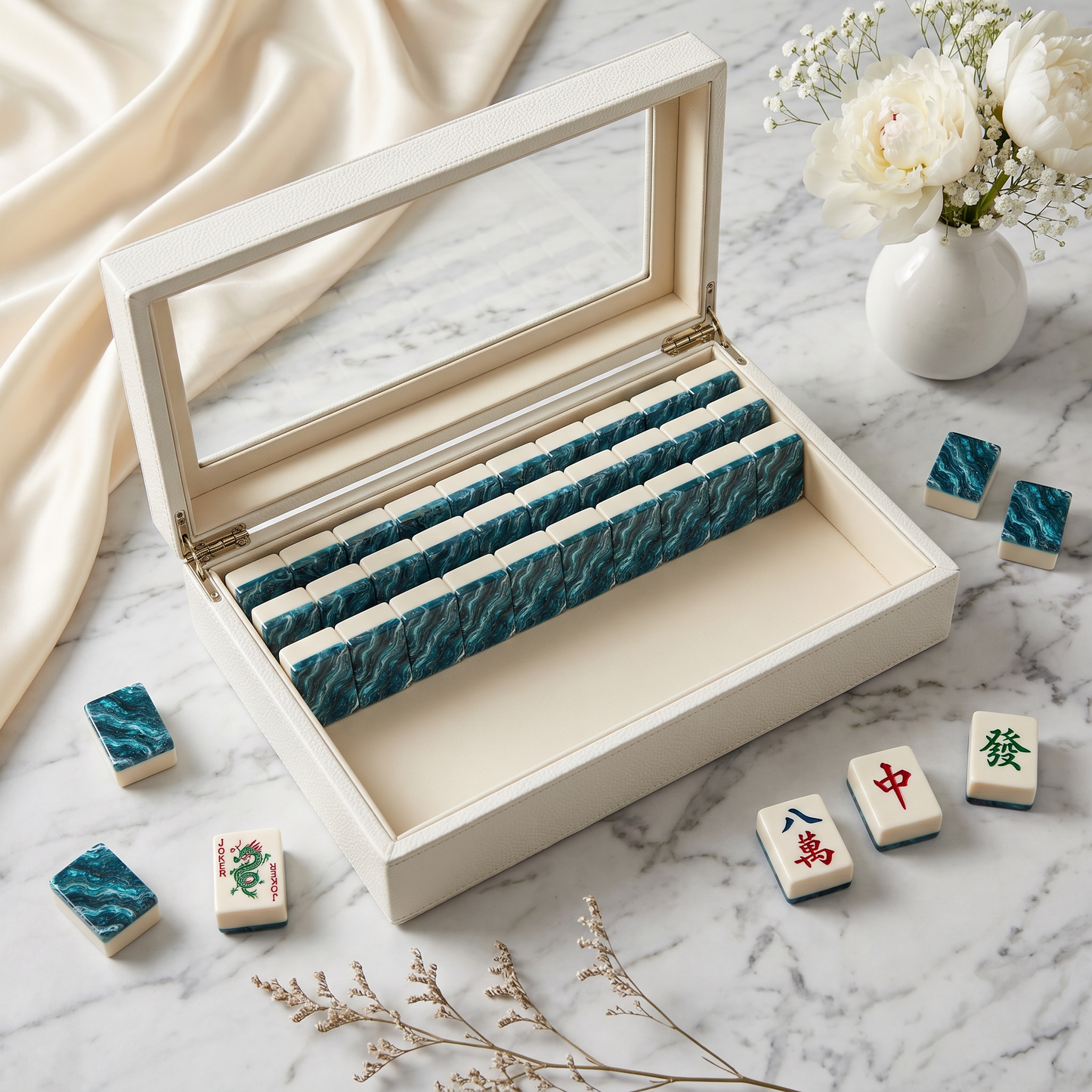 Labradorite Ocean Mahjong Tile Set | 166 Piece Teal Iridescent Coastal Mahjong