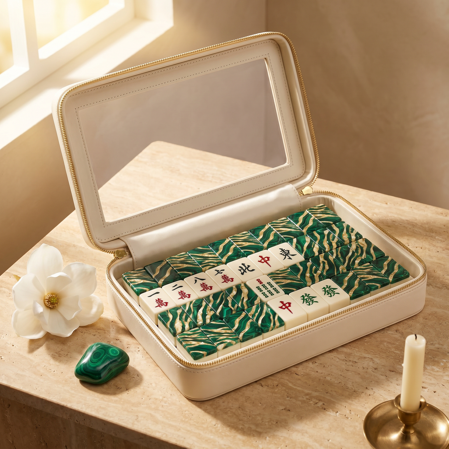 Emerald Tiger Marble Mahjong Tile Set | 166 Piece American Mahjong with Cream Leather Case