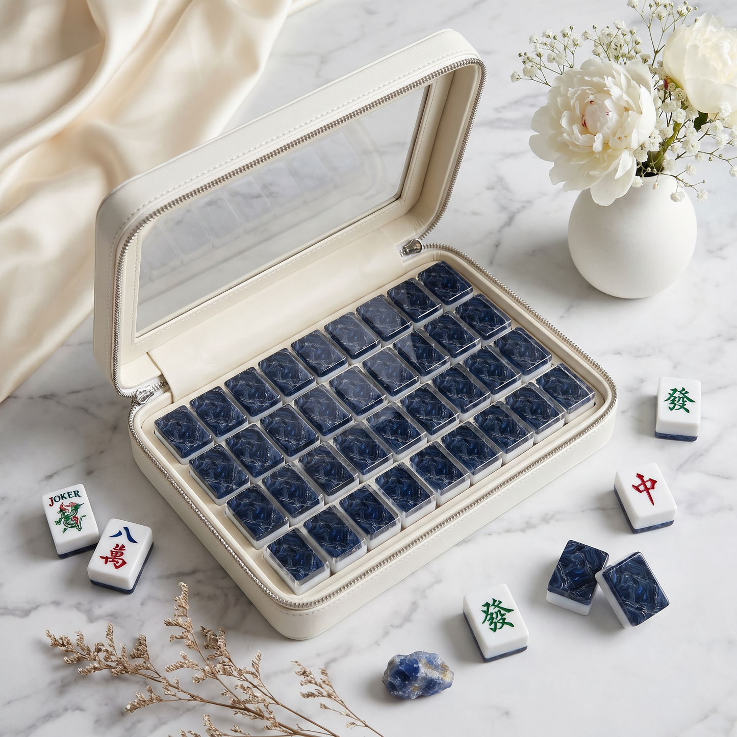 Midnight Sapphire Mahjong Tile Set | 166 Piece Navy Marble September Birthstone Gift