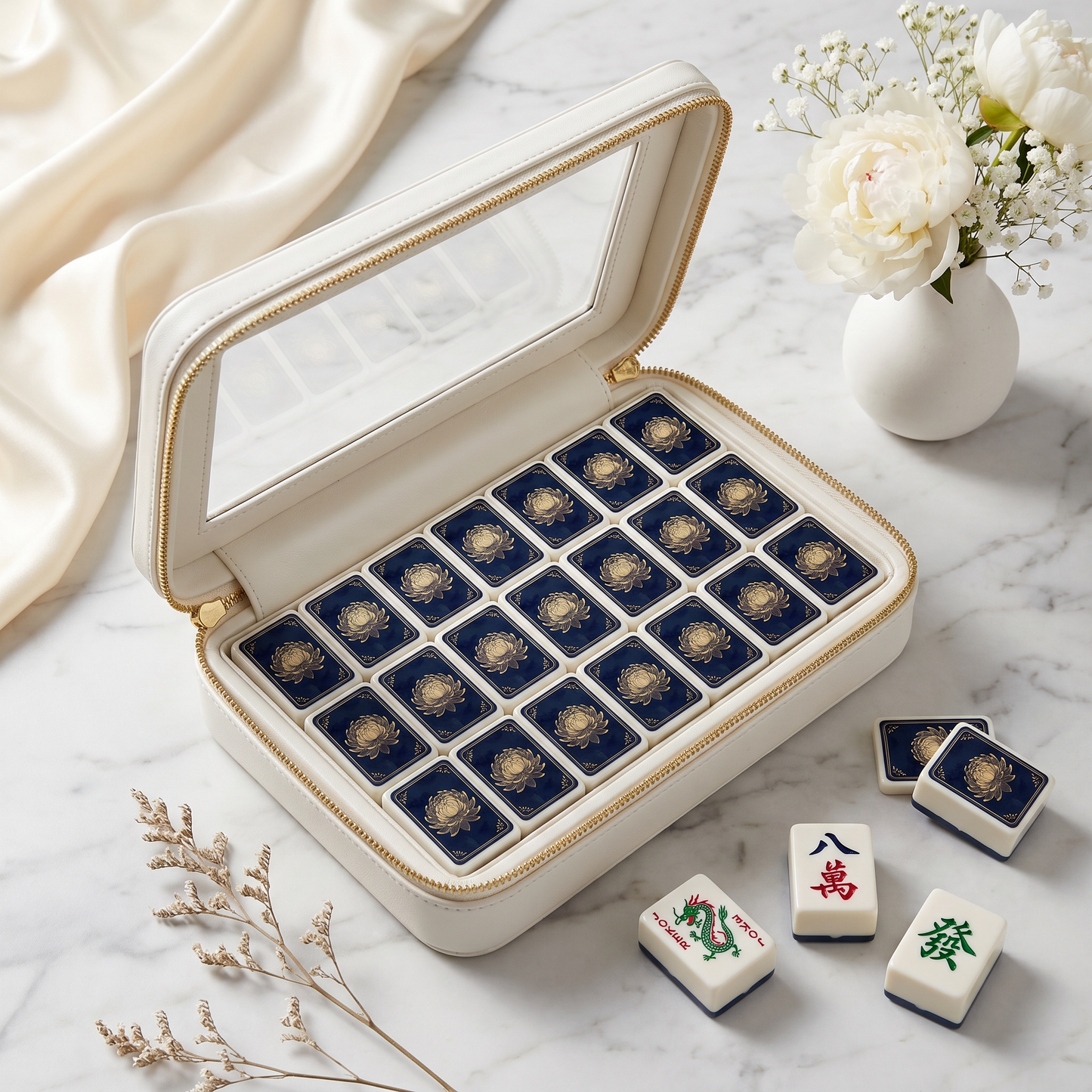 Gold Chrysanthemum American Mahjong Tile Set – 166 Tiles, Navy & Gold, with Display Case