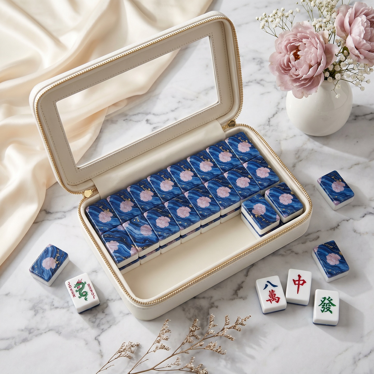 Sapphire Blossom Mahjong Tile Set | 166 Piece Navy Cherry Blossom Bridal Mahjong