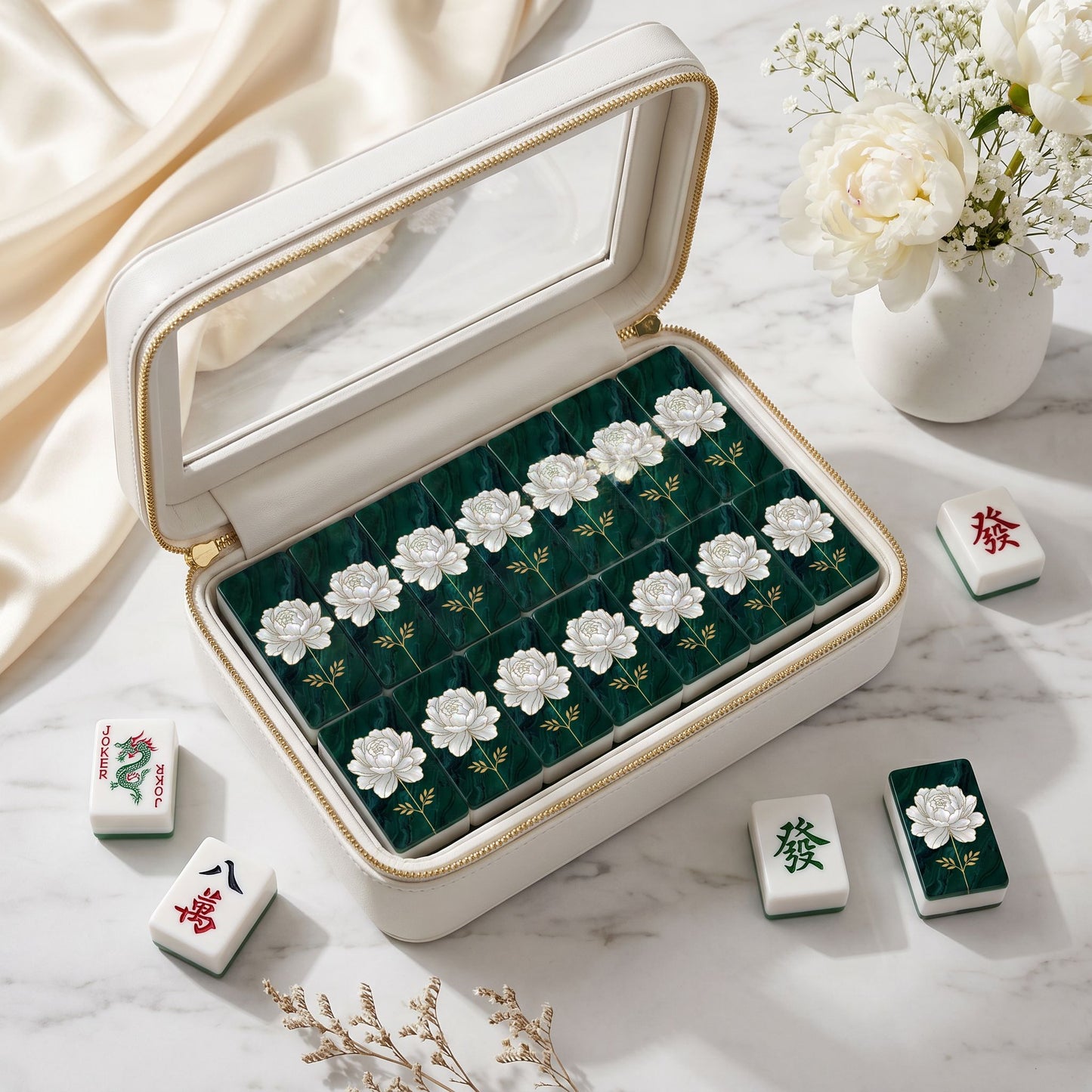 Pearl Peony Mahjong Tile Set | 166 Piece American Mahjong Emerald Heirloom Gift
