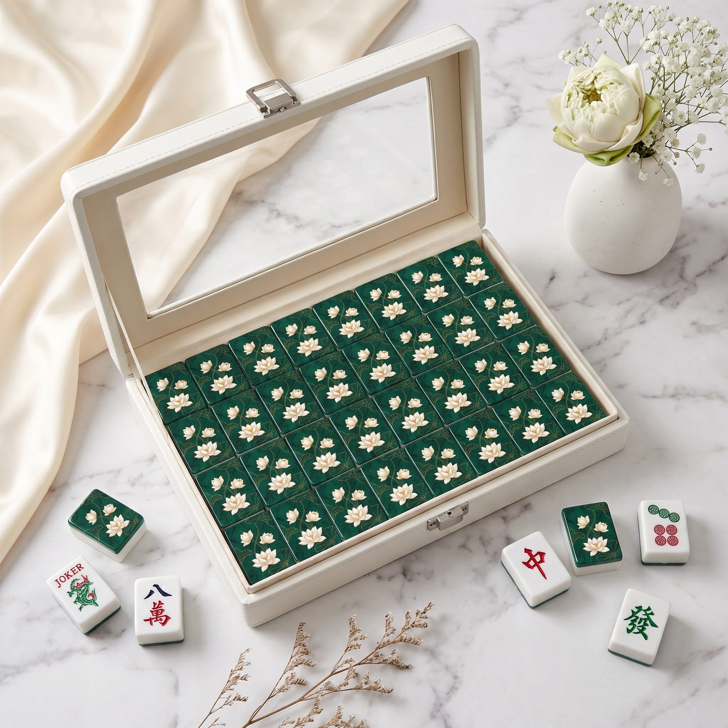 White Lotus Emerald Mahjong Tile Set | 166 Piece Zen Chinoiserie Mahjong