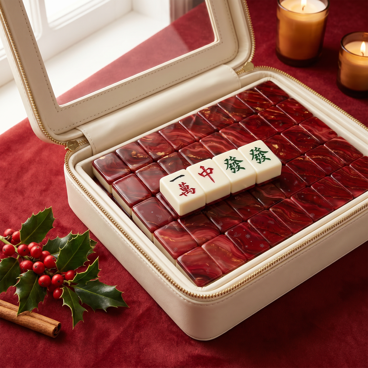 Crimson Gold Marble Mahjong Tile Set
