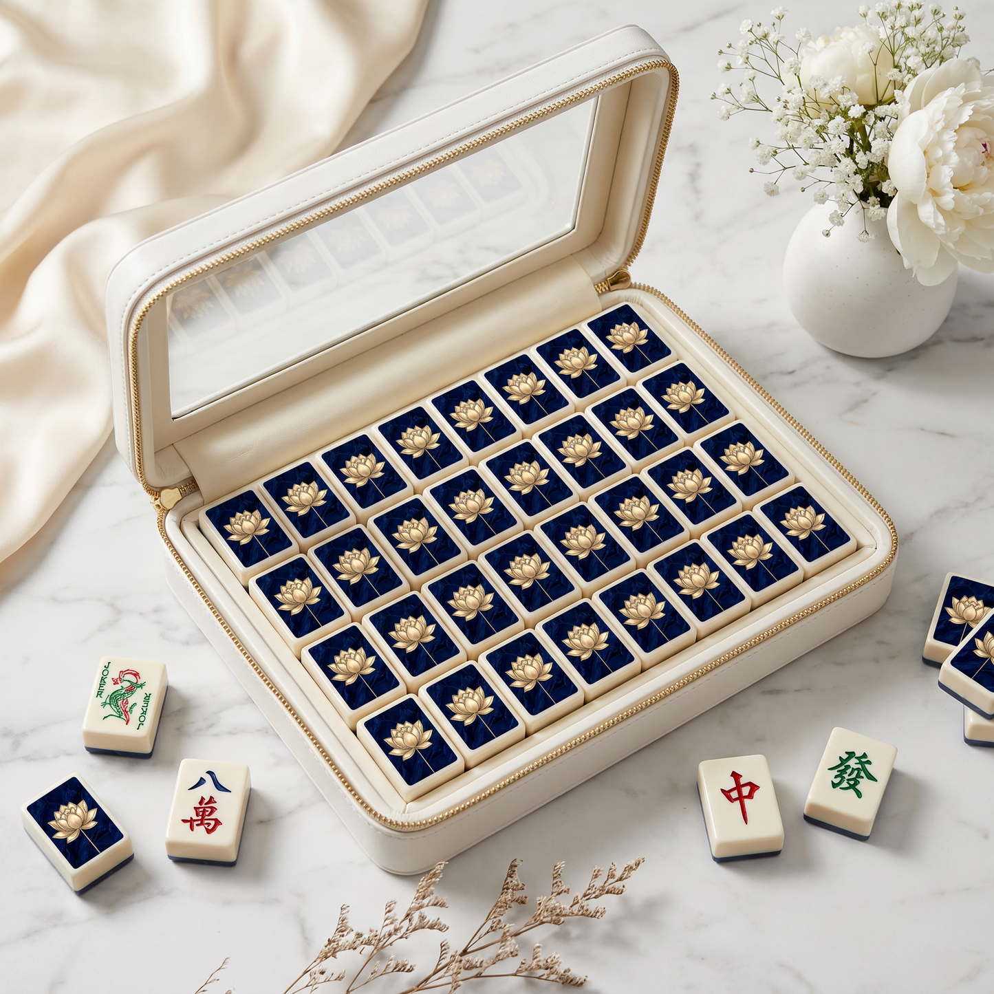 Gold Lotus Mahjong Tile Set | 166 Piece Navy Luxury American Mahjong