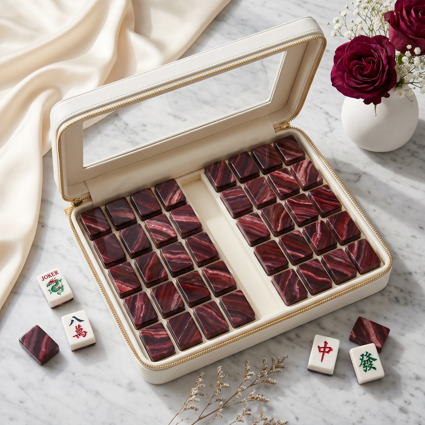 Burgundy Wine Marble Mahjong Tile Set | 166 Piece Romantic Valentine's Gift