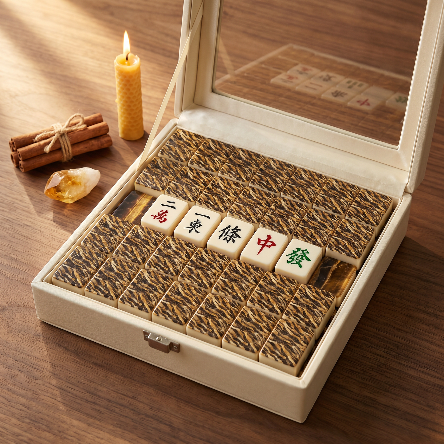 Tiger's Eye Marble Mahjong Tile Set | 166 Piece American Mahjong with Cream Leather Case