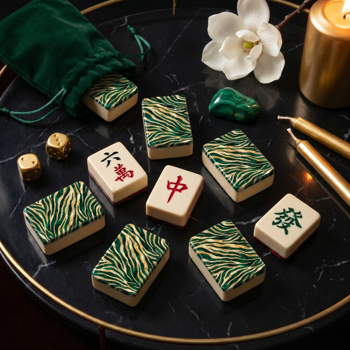 Emerald Tiger Marble Mahjong Tile Set | 166 Piece American Mahjong with Cream Leather Case