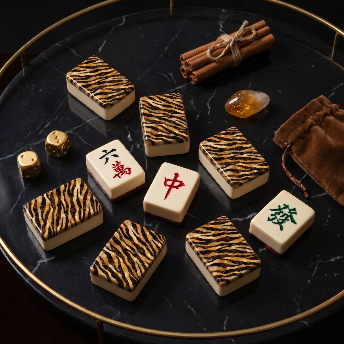 Tiger's Eye Marble Mahjong Tile Set | 166 Piece American Mahjong with Cream Leather Case