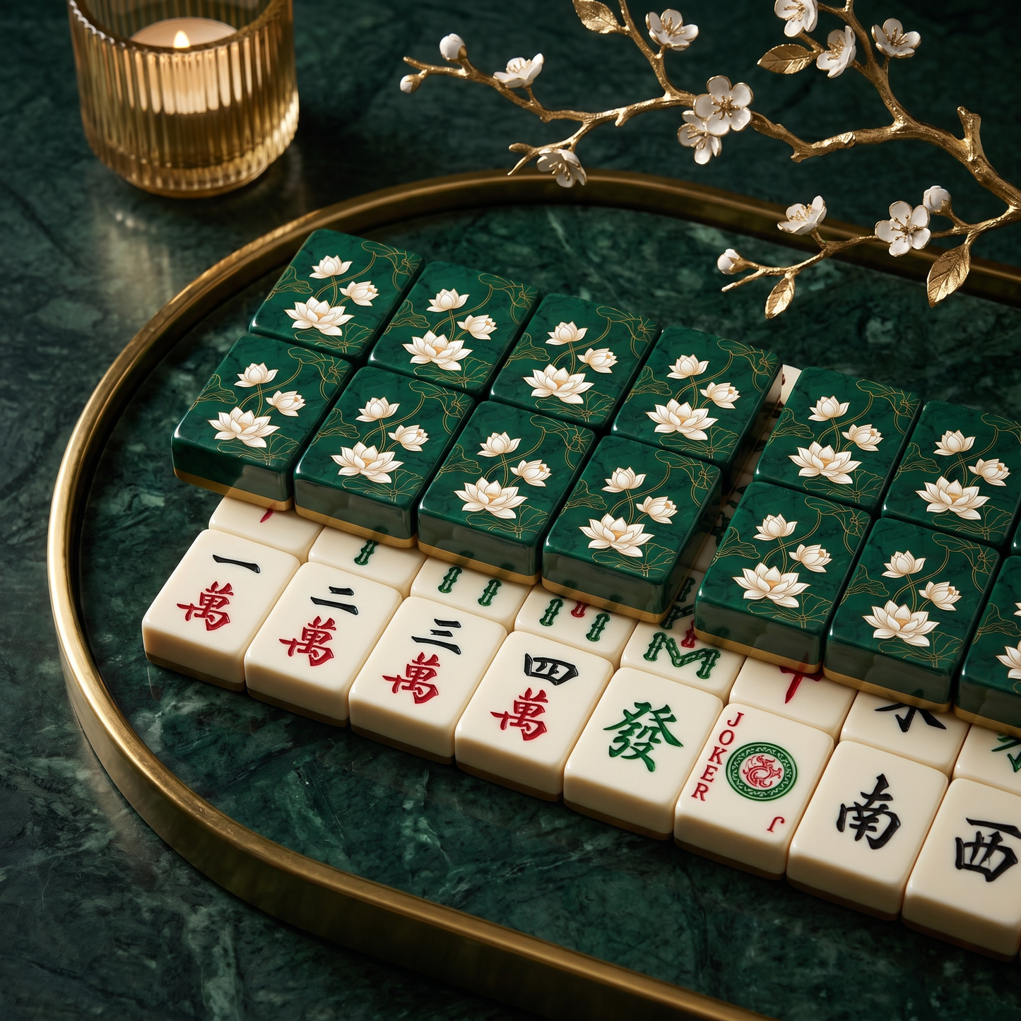 White Lotus Emerald Mahjong Tile Set | 166 Piece Zen Chinoiserie Mahjong