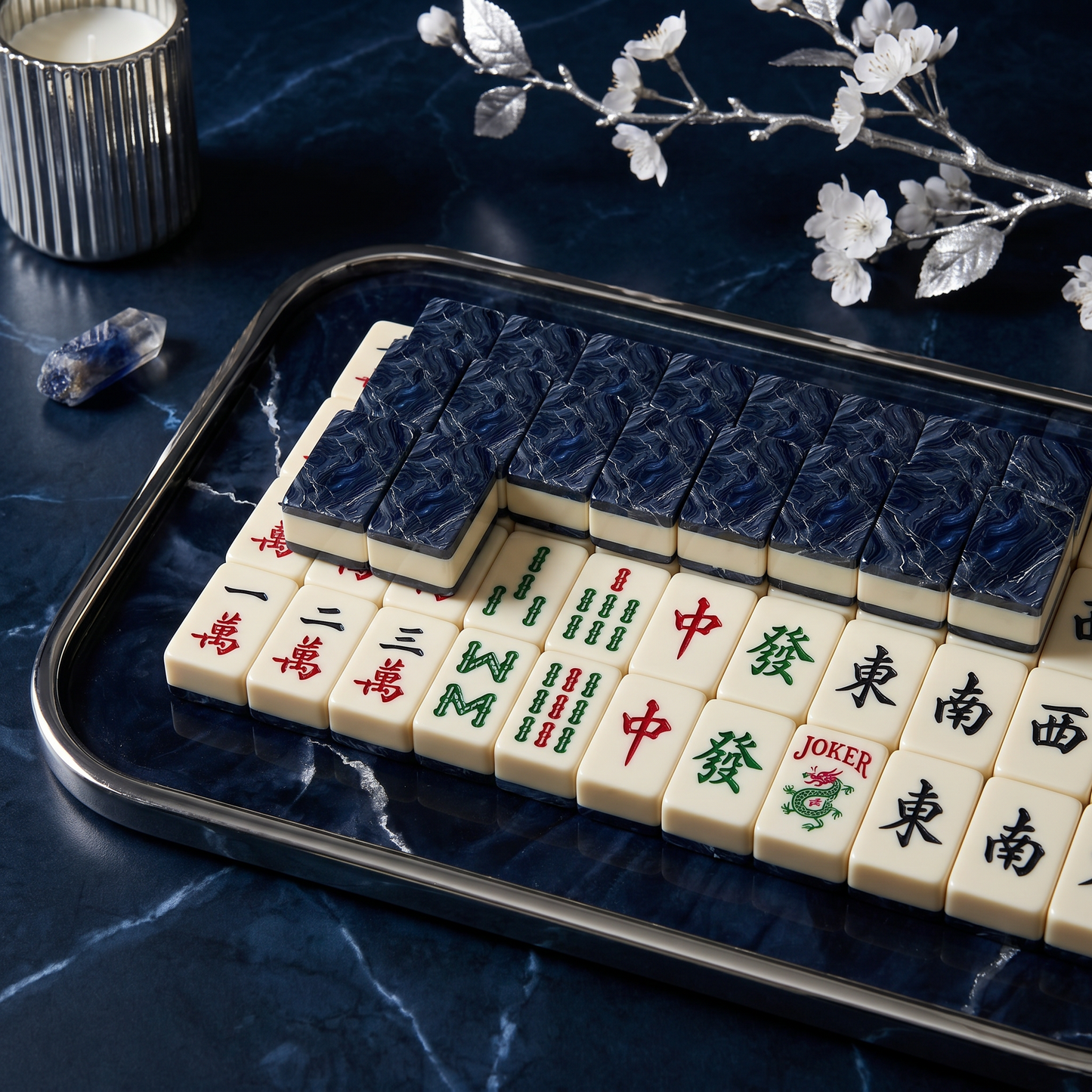 Midnight Sapphire Mahjong Tile Set | 166 Piece Navy Marble September Birthstone Gift