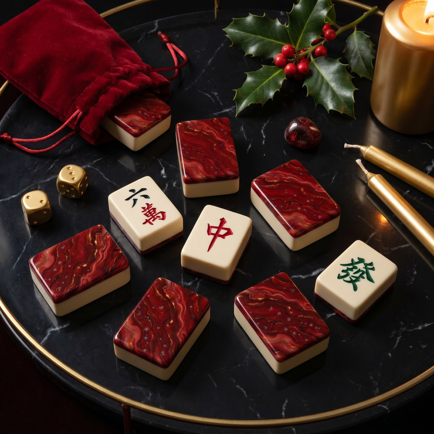Crimson Gold Marble Mahjong Tile Set