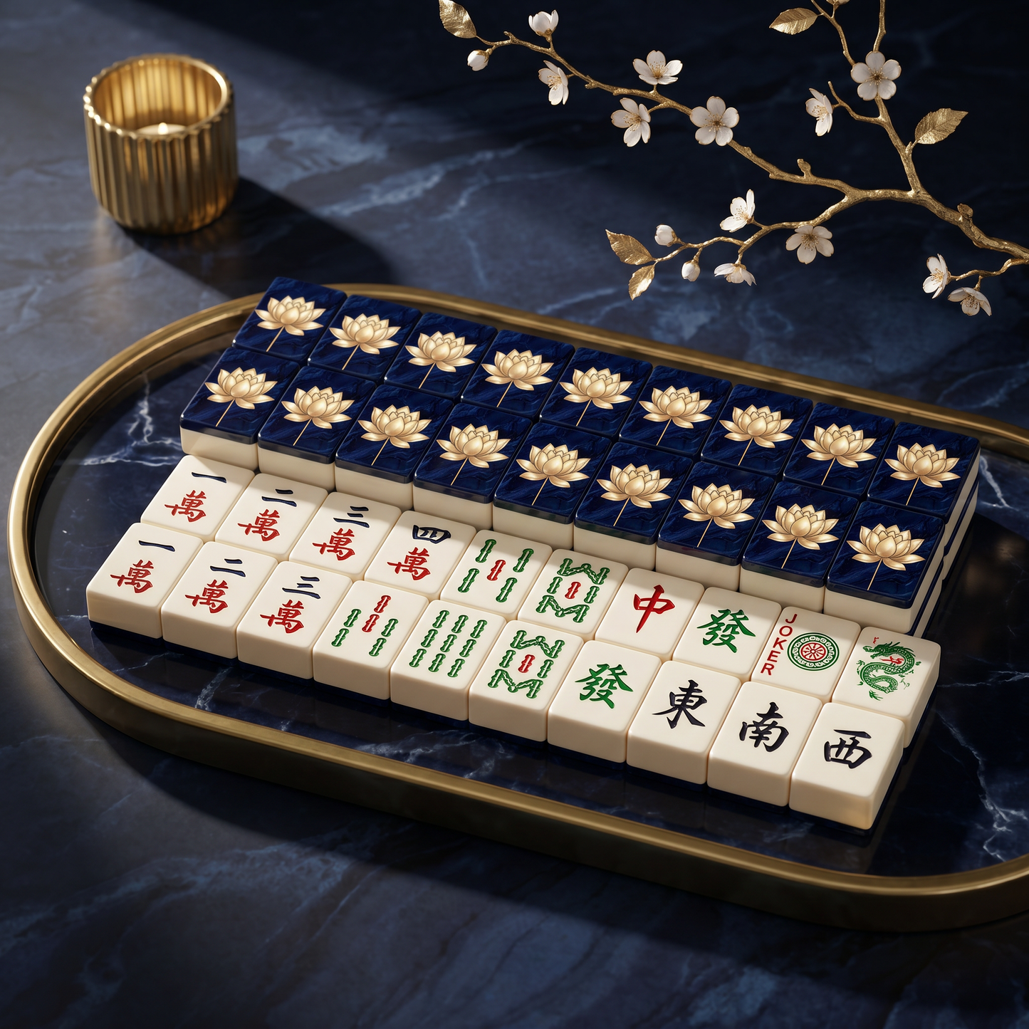 Gold Lotus Mahjong Tile Set | 166 Piece Navy Luxury American Mahjong