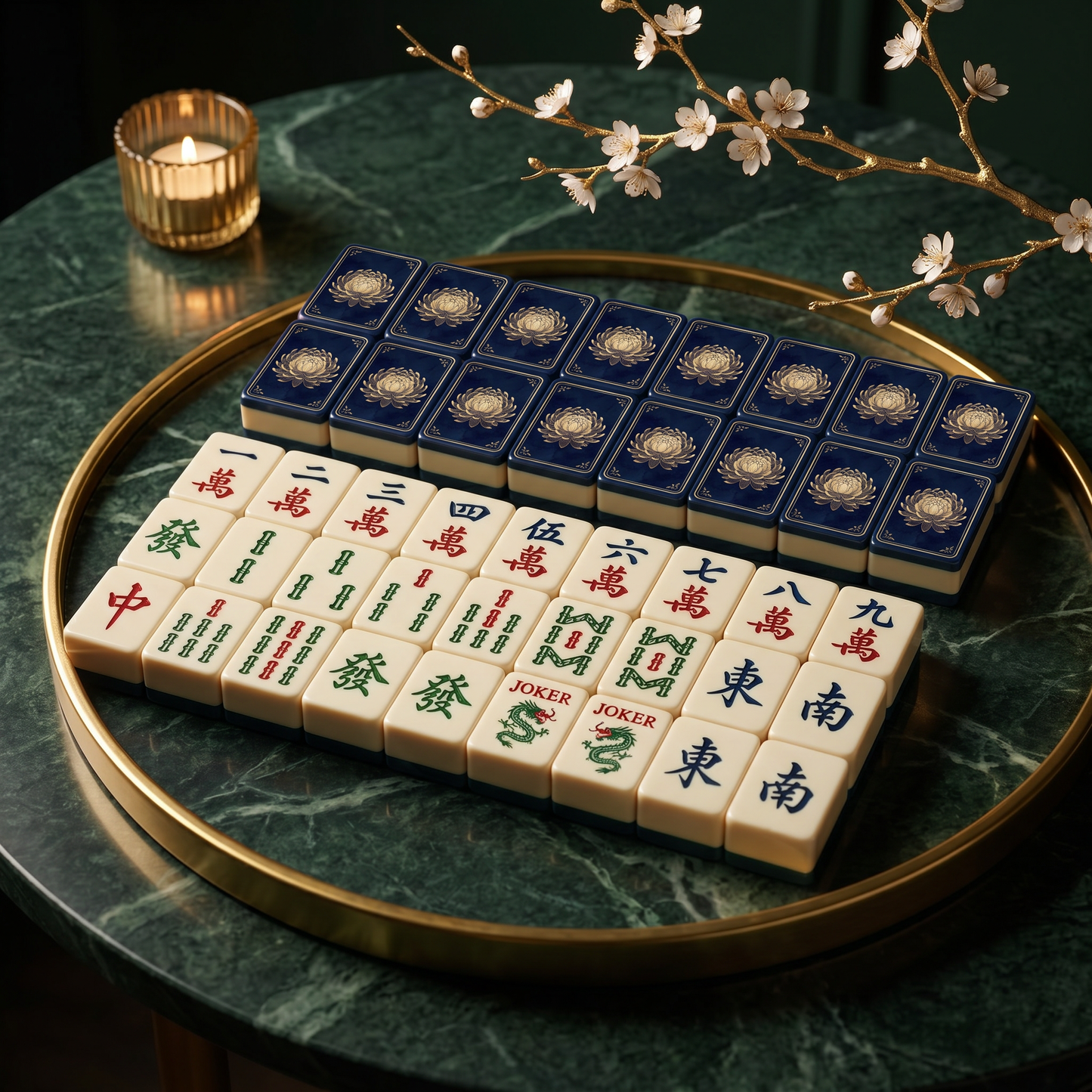 Gold Chrysanthemum American Mahjong Tile Set – 166 Tiles, Navy & Gold, with Display Case