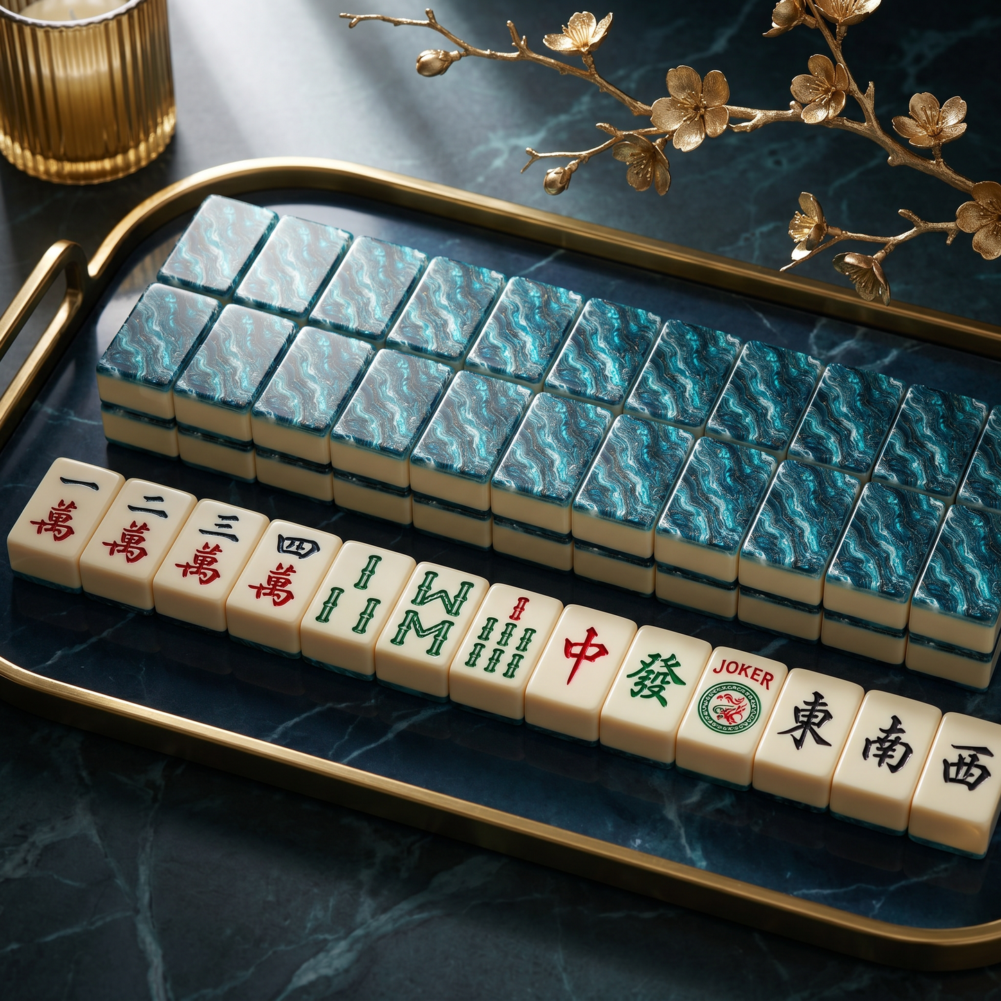 Labradorite Ocean Mahjong Tile Set | 166 Piece Teal Iridescent Coastal Mahjong