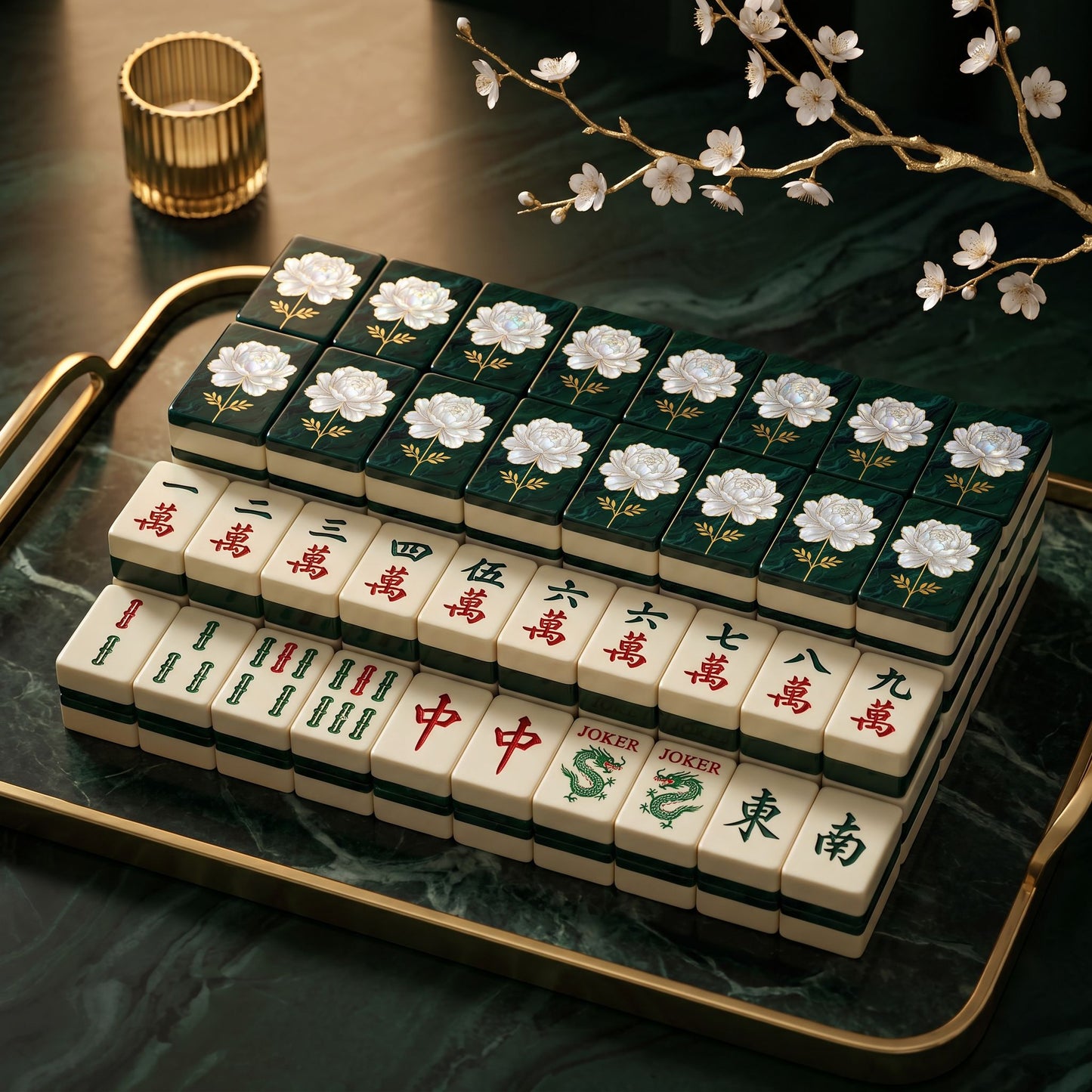 Pearl Peony Mahjong Tile Set | 166 Piece American Mahjong Emerald Heirloom Gift