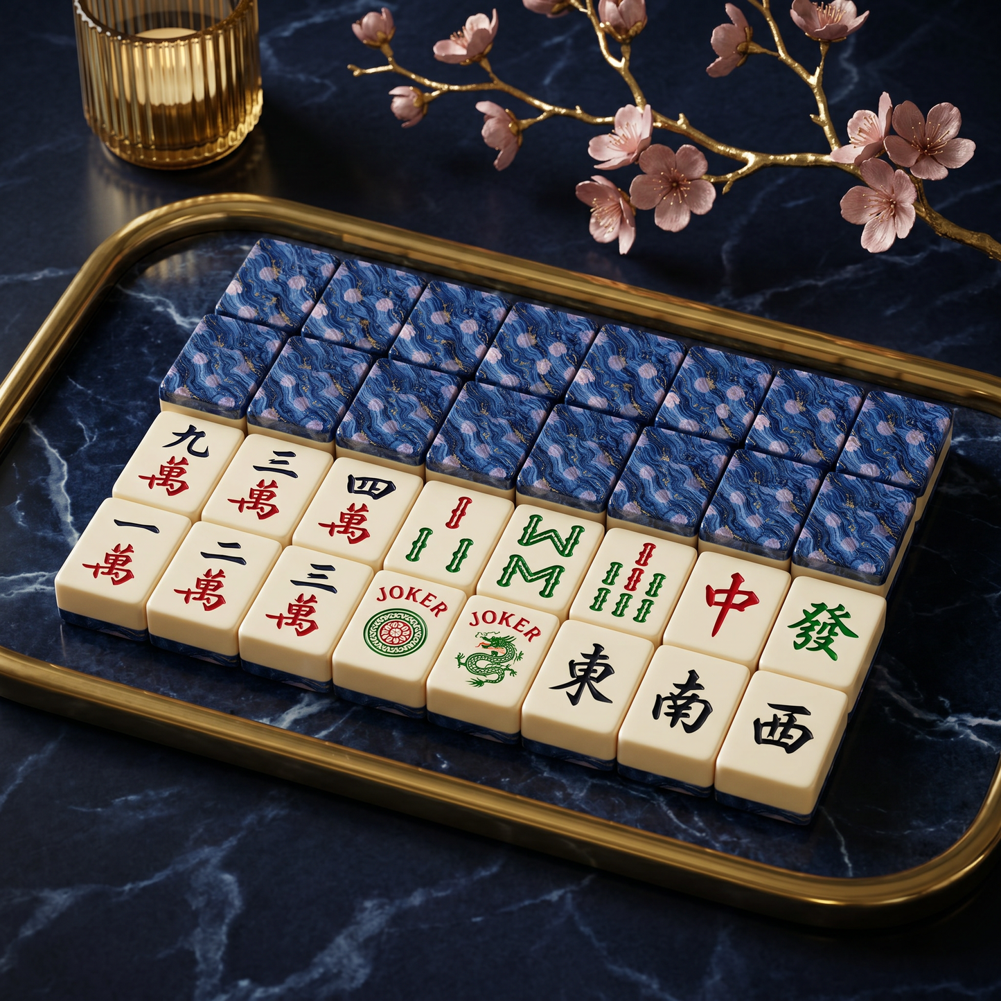 Sapphire Blossom Mahjong Tile Set | 166 Piece Navy Cherry Blossom Bridal Mahjong