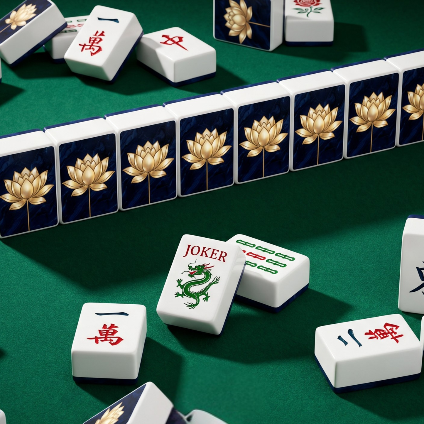 Gold Lotus Mahjong Tile Set | 166 Piece Navy Luxury American Mahjong