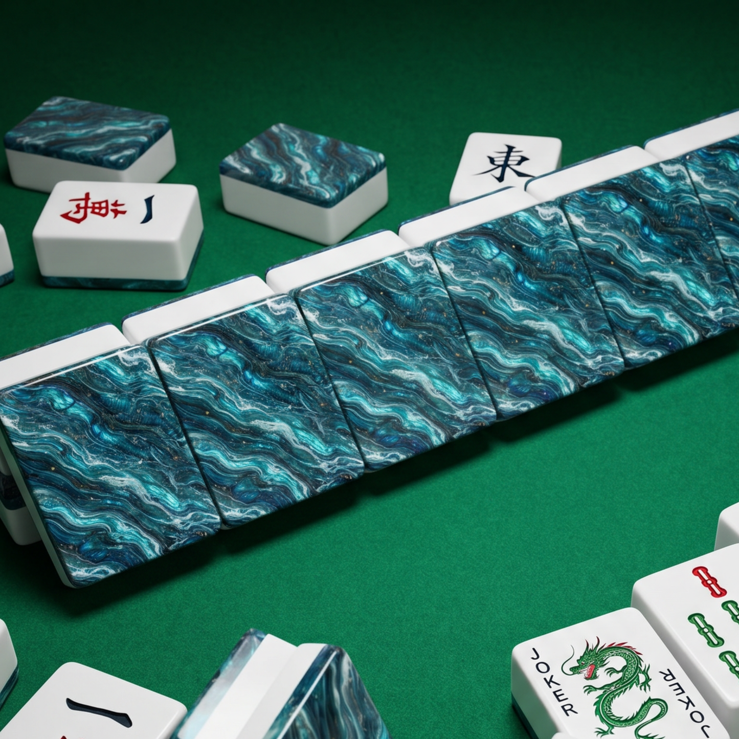 Labradorite Ocean Mahjong Tile Set | 166 Piece Teal Iridescent Coastal Mahjong