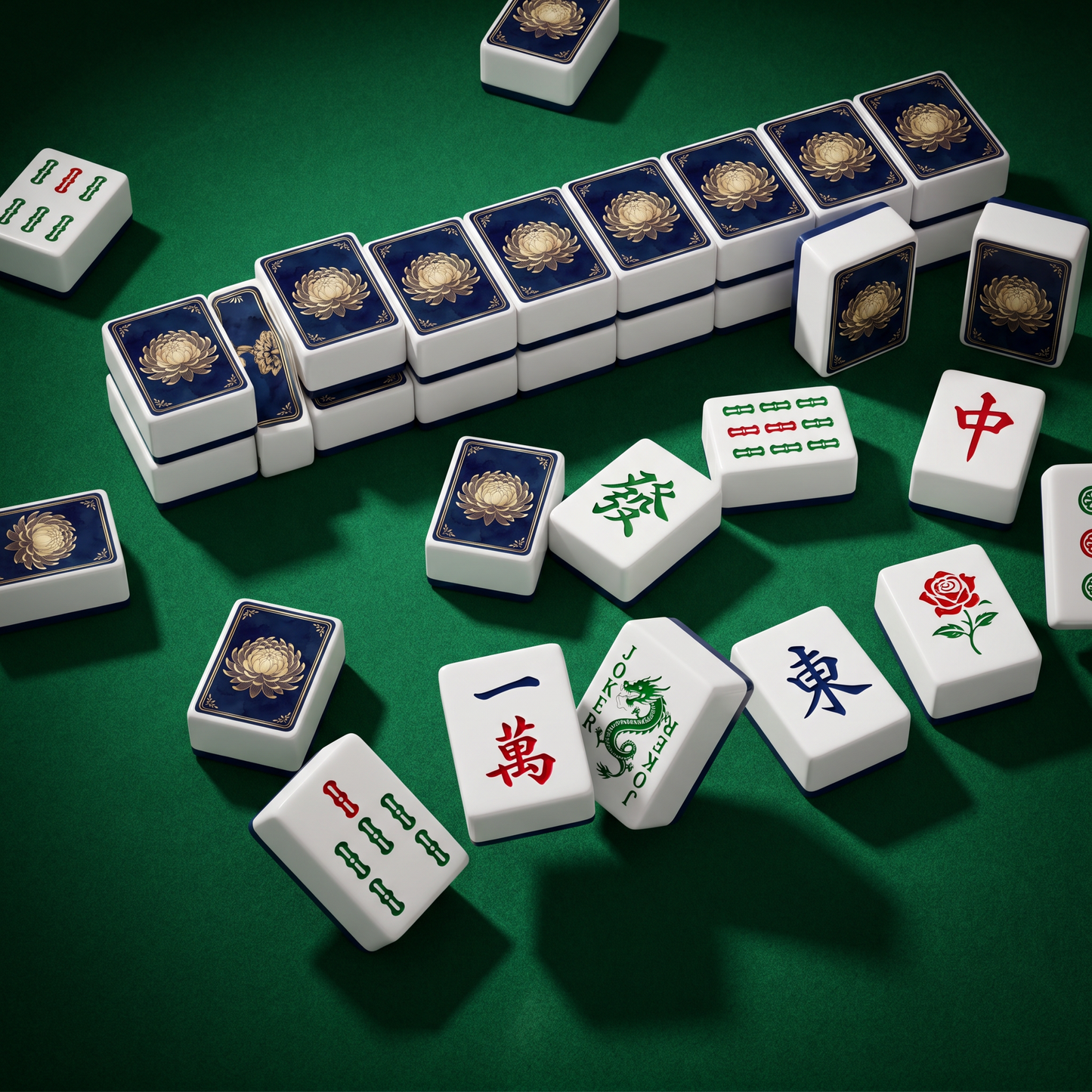 Gold Chrysanthemum American Mahjong Tile Set – 166 Tiles, Navy & Gold, with Display Case