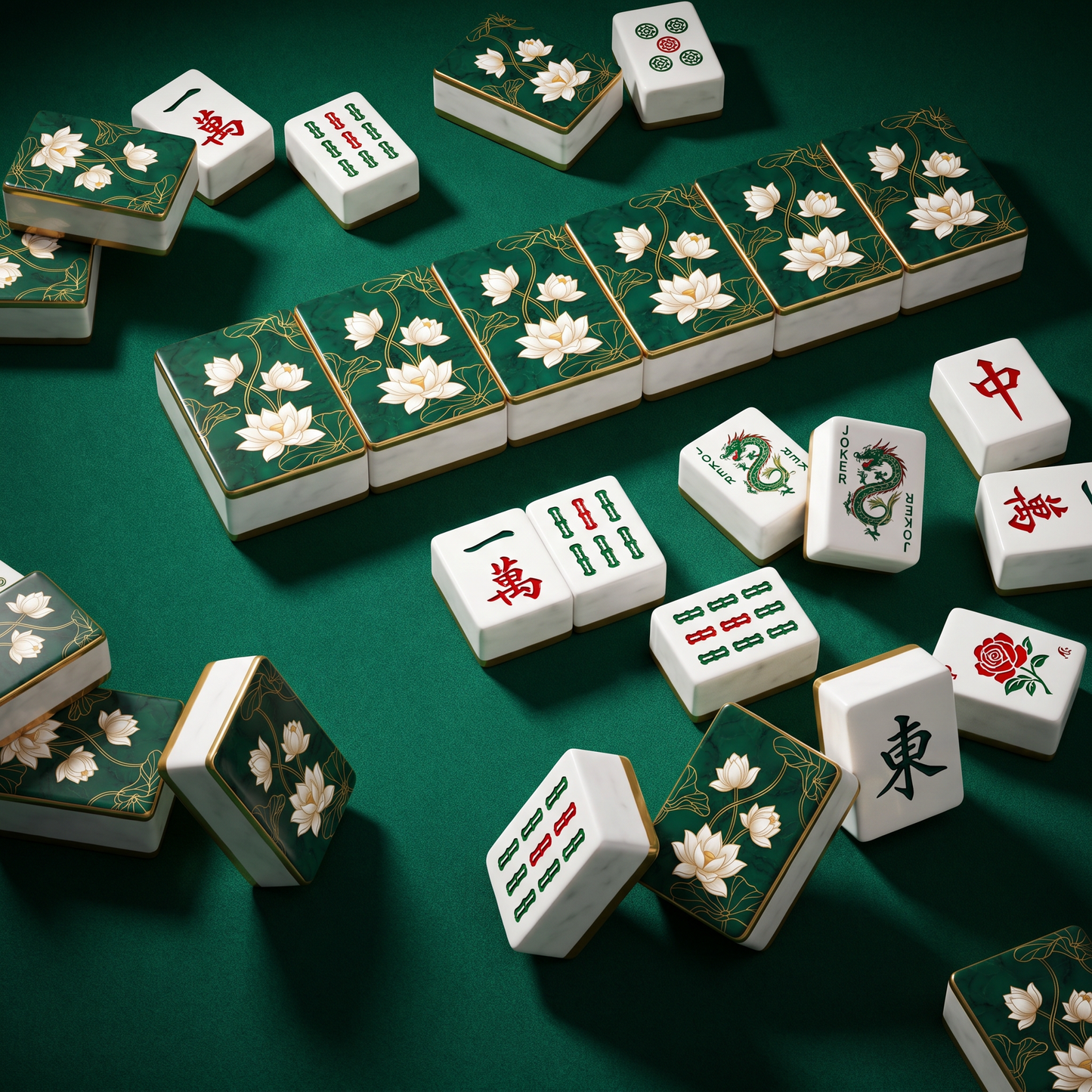 White Lotus Emerald Mahjong Tile Set | 166 Piece Zen Chinoiserie Mahjong