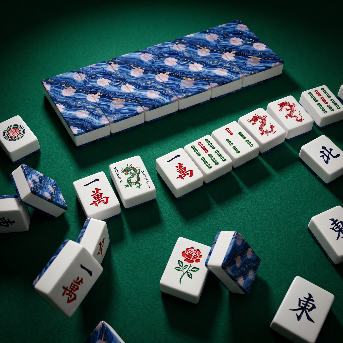 Sapphire Blossom Mahjong Tile Set | 166 Piece Navy Cherry Blossom Bridal Mahjong