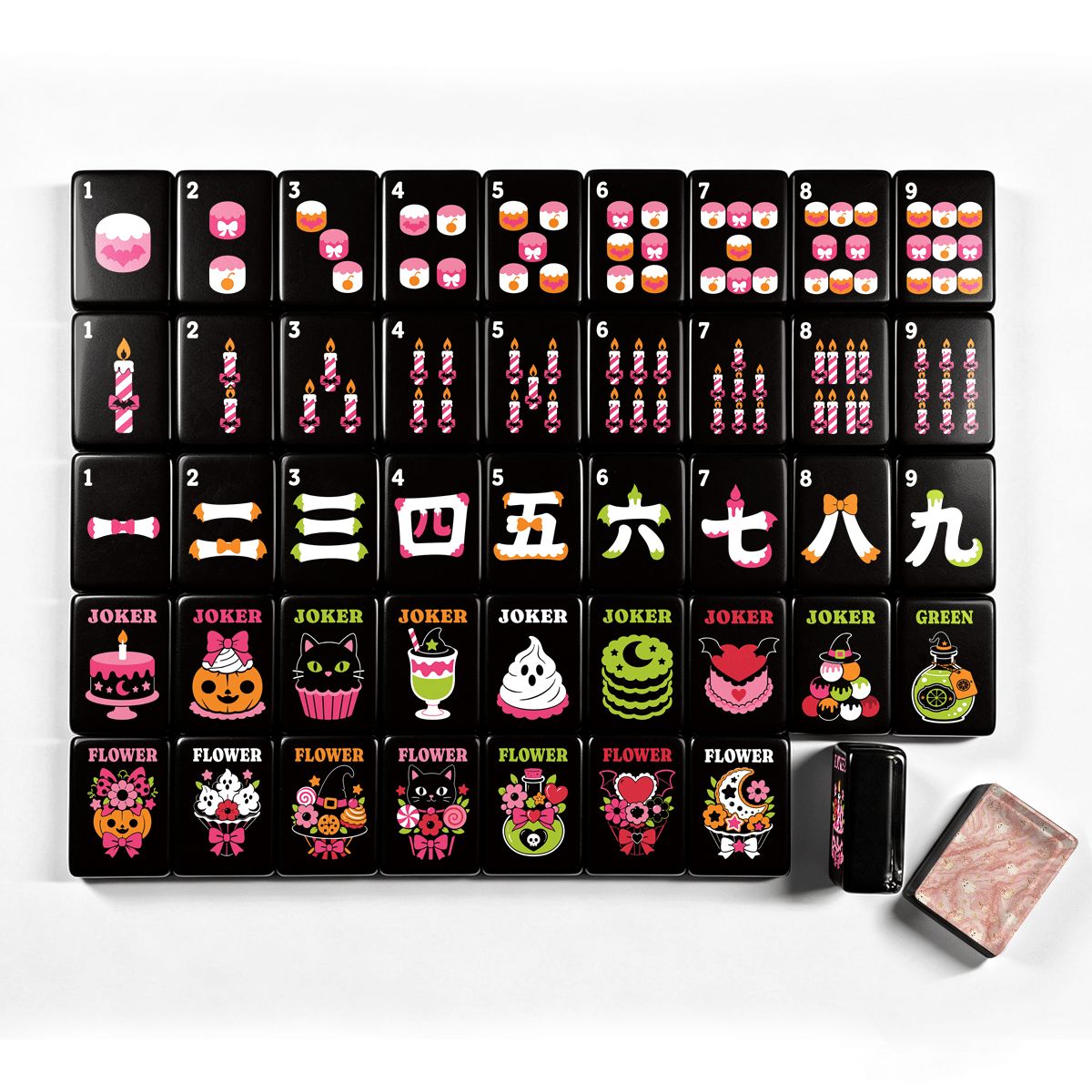 Gothic Dessert Halloween mahjong tile suit chart showing cupcake dots, pink candle bams, Chinese numeral cracks, cake and cat joker tiles, and pastel flower tiles on black acrylic with pink marble tile backer