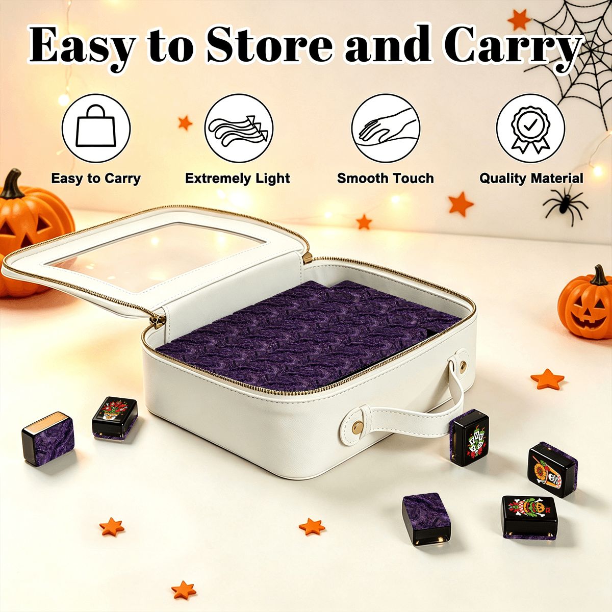 Skull Diner Halloween mahjong tile set stored in white zippered carrying case with clear lid for easy storage and travel