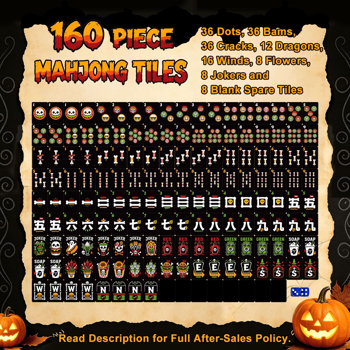 Skull Diner 160 piece Halloween mahjong tile set chart showing 36 dots, 36 bams, 36 cracks, 12 dragons, 16 winds, 8 flowers, 8 jokers, and 8 blank spare tiles
