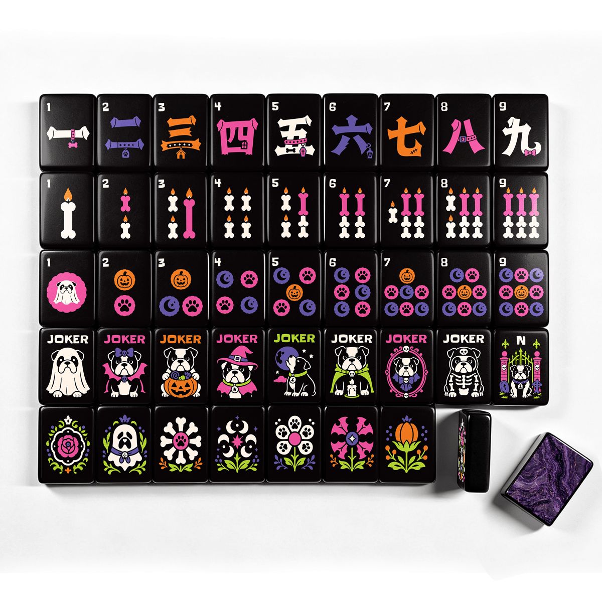 Complete Halloween mahjong tile layout showing numbered suits (dots, bams, cracks), dragons, winds, bulldog jokers, and floral flower tiles with gothic pumpkin, ghost, and skeleton artwork