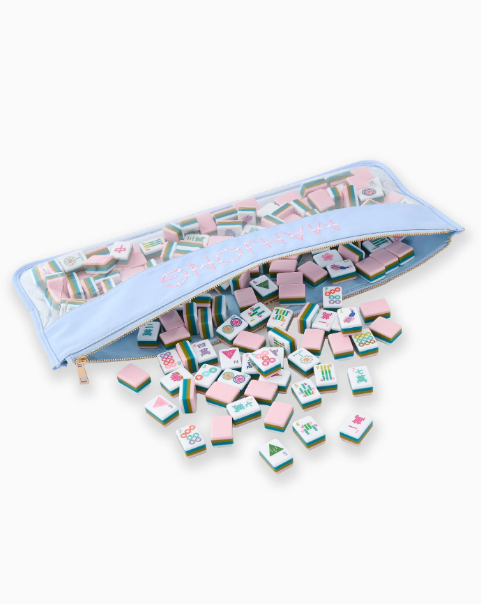 Light Blue Mahjong Tile Bag with Clear Bottom acrylic American mahjong tiles close-up — face detail, Mahjong Loft