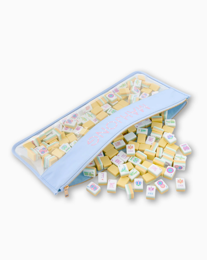 Light Blue Mahjong Tile Bag with Clear Bottom acrylic American mahjong special face tiles — motif detail, Mahjong Loft