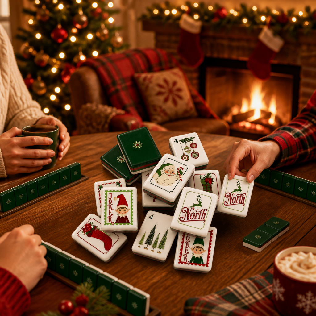 Snowflake Hearth acrylic American mahjong tiles in play by fireplace — cozy Christmas lifestyle game night, Mahjong Loft