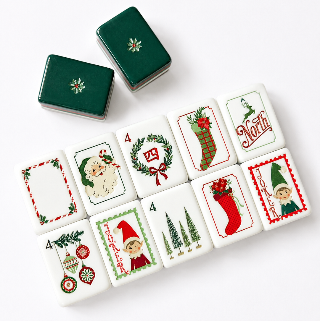 Snowflake Hearth acrylic American mahjong scattered faces and green snowflake backs — white red green layer proof, Mahjong Loft