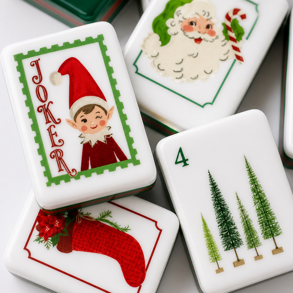 Snowflake Hearth acrylic American mahjong close-up elf joker Santa stocking and trees — vintage face detail, Mahjong Loft