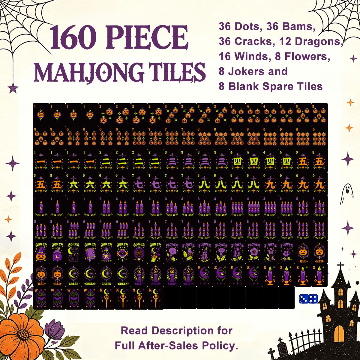 Pumpkin Hex 160 piece Halloween mahjong tile chart with 36 dots, 36 bams, 36 cracks, 12 dragons, 16 winds, 8 flowers, 8 jokers, and 8 blank spare tiles