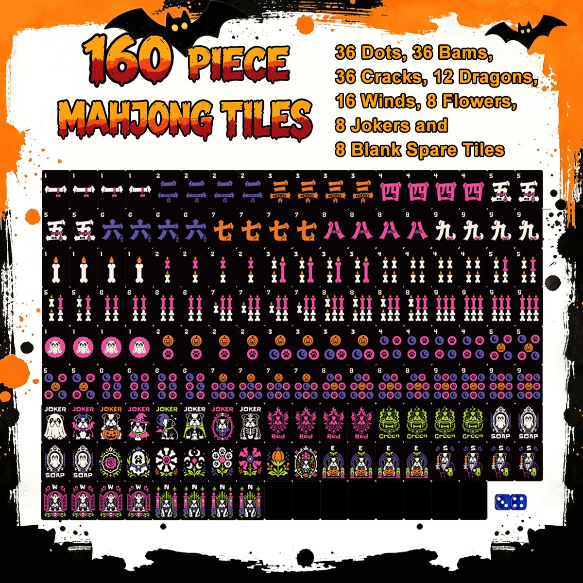 Wicked Bulldog Halloween Mahjong 160-piece gothic tile set overview – 36 Dots, 36 Bams, 36 Cracks, 12 Dragons, 16 Winds, 8 Flowers, 8 Jokers, 8 blank spares on black background
