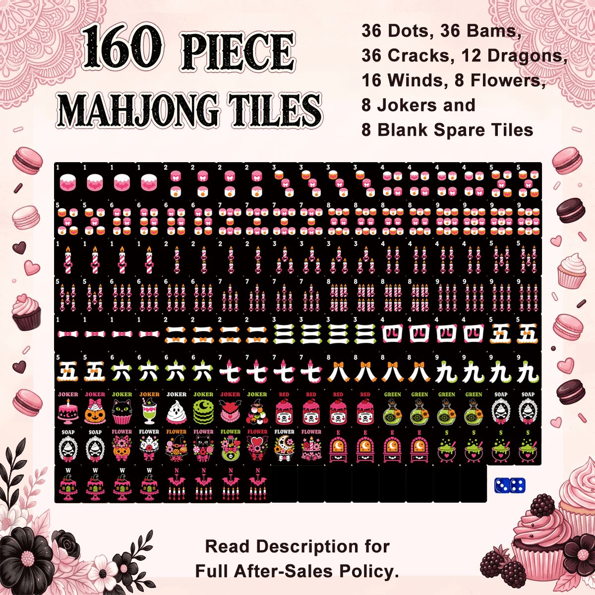 Gothic Dessert 160 piece Halloween mahjong tile chart with pink floral and cupcake borders showing 36 dots, 36 bams, 36 cracks, 12 dragons, 16 winds, 8 flowers, 8 jokers, and 8 blank spare tiles