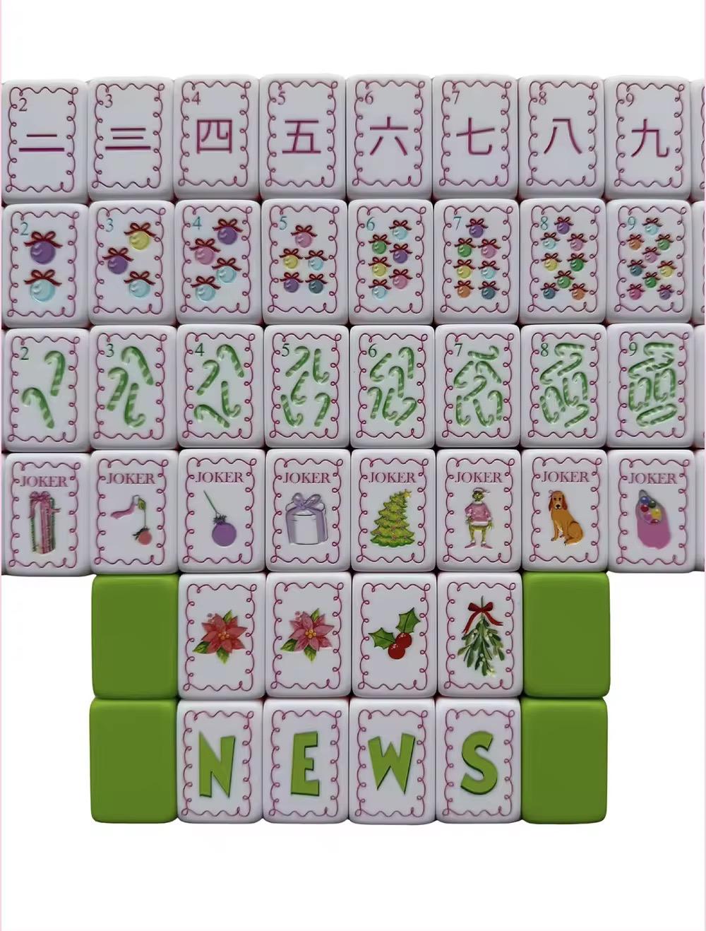 Evergreen Merriment acrylic American mahjong partial grid with lime backs — ornament dots and candy cane bams, Mahjong Loft