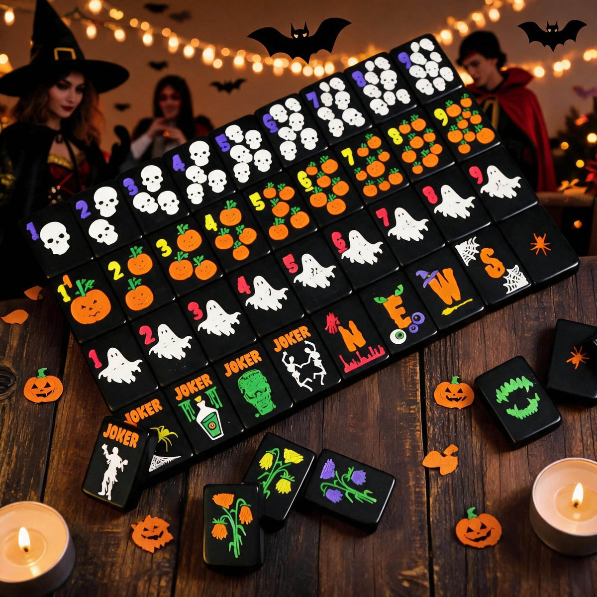 Jack-O Midnight acrylic American mahjong party table lifestyle layout — black Halloween tiles with candles, Mahjong Loft
