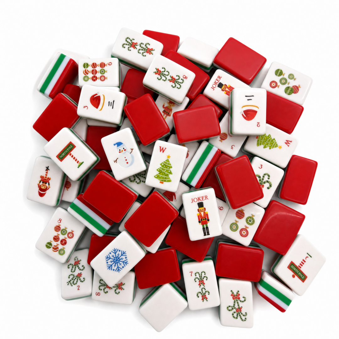Toy Soldier Parade acrylic American mahjong scattered pile faces and red backs — toy soldier color story, Mahjong Loft