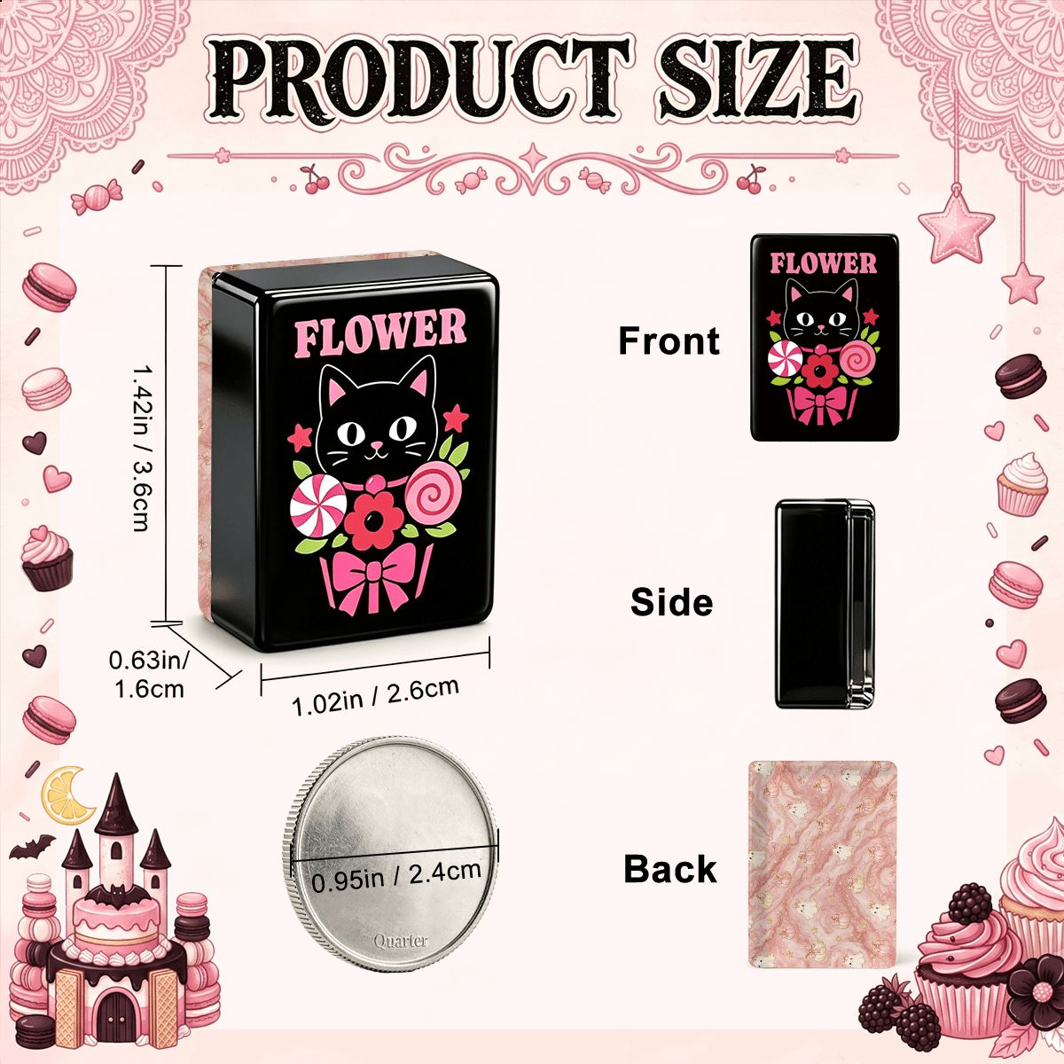 Gothic Dessert Halloween mahjong tile product size diagram — 1.42in front, 1.02in width, 0.63in side — featuring black cat Flower tile design and pink marble back, framed with pink dessert illustrations