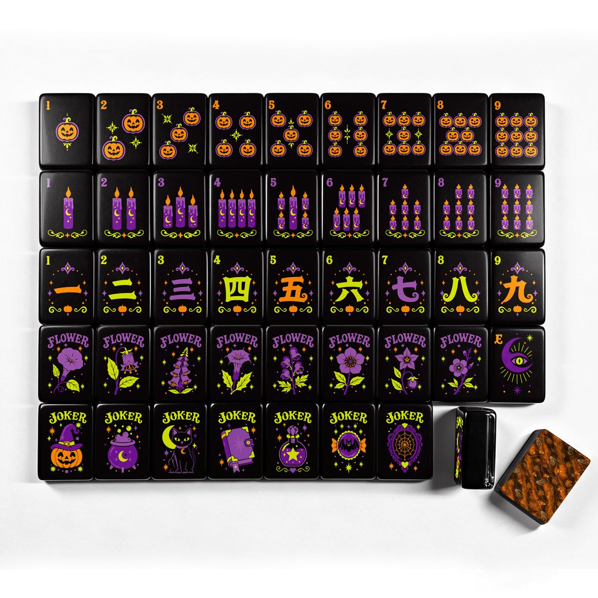 Pumpkin Hex Halloween mahjong tile suit chart with jack-o'-lantern dots, purple candle bams, Chinese numeral cracks, witchy flower tiles, and pumpkin/cat/moon joker tiles