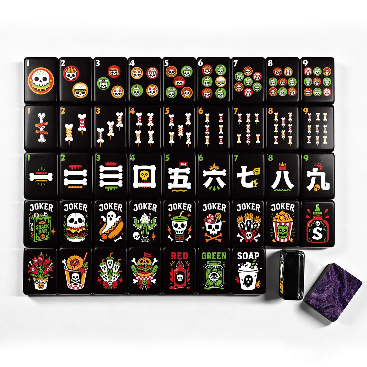 Skull Diner Halloween mahjong tile suit chart with dots, bams, cracks, dragons, jokers, and flower tiles featuring skulls, ghosts, jack-o'-lanterns and candy corn